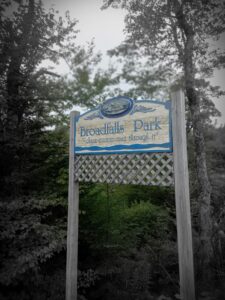 A sign with "Broadfalls Park, where a river runs through it" written in blue, surrounded by trees and grass. 